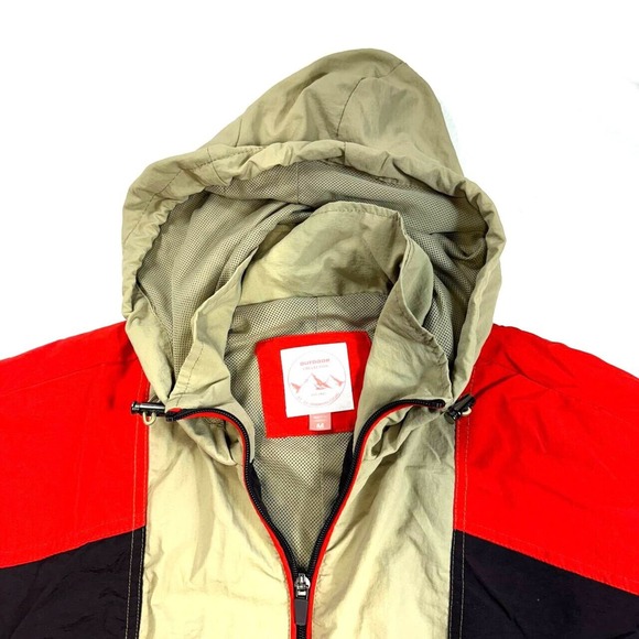 Outdoor Womens Windbreaker Sz M Beige Color Block Packable Hood Draw Cord - Picture 6 of 11